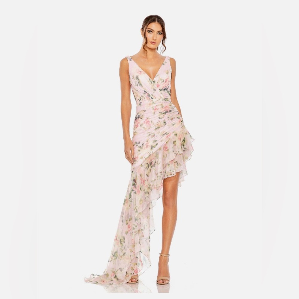 Leena for Mac Duggal Floral Print Asymmetrical Tiered Ruffle High-Low Hem Dress